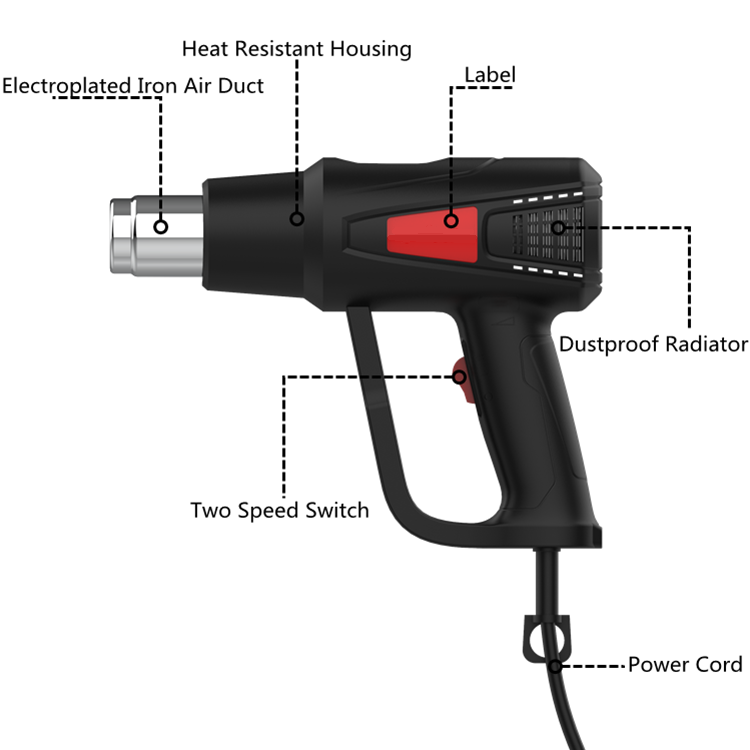 Zhejiang Tianyu industry Co. Ltd Supplier Factory Manufacturer Produce and Supply Heavy Duty Hot Air Gun Kits 300℃ & 500℃ Variable Temperature Control and Two Air Speed Setting 250L/min & 500 L/min Heat Gun TQR-85C1 Handheld Heat Shrink Blower Power Tool Kit